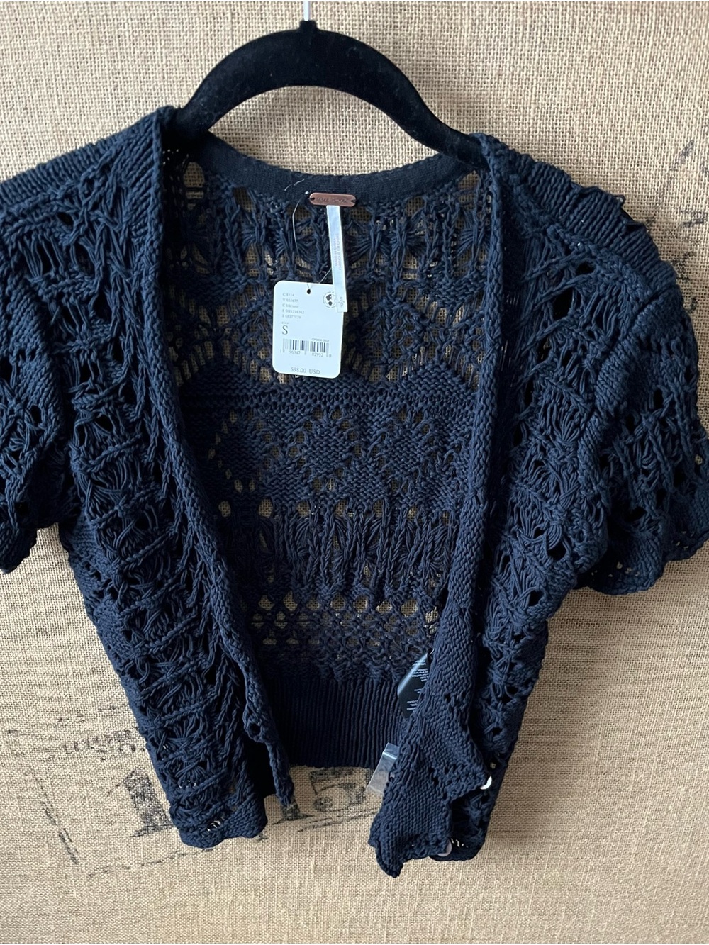 Free People Black Crochet Open-Knit Short Sleeve Cardigan